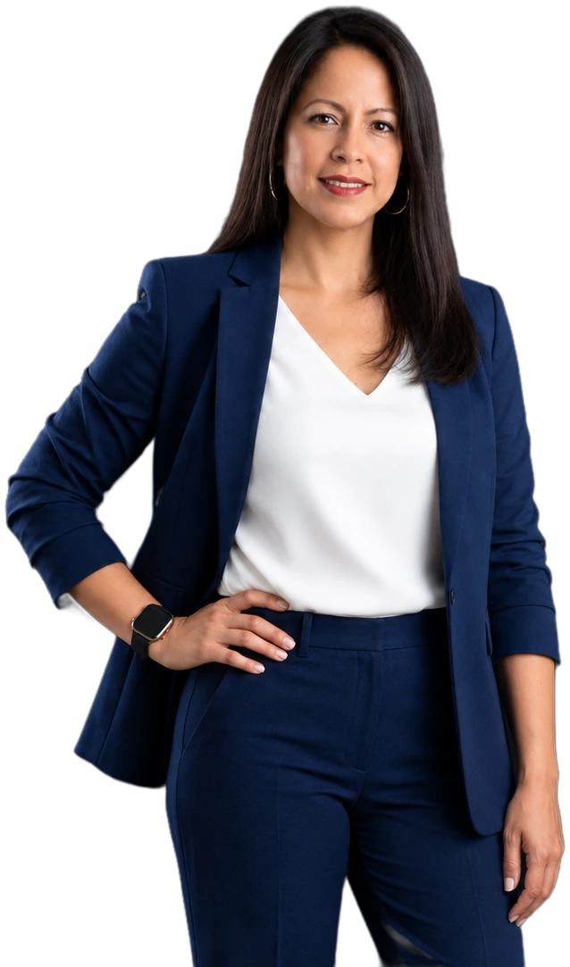 Verónica Flores, de pie, con traje azul marino
